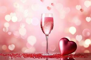 ai genererad valentines dag reste sig champagne med rosa hjärtan på rosa bokeh bakgrund foto