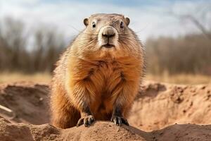 ai genererad groundhog sitter i en hål i de jord med en närbild, Lycklig groundhog dag foto