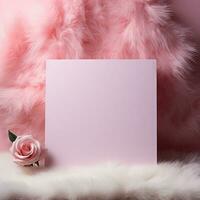 ai genererad valentines dag tömma hälsning kort attrapp stil på rosa bakgrund foto