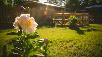 ai genererad magnifik se av blommor i de trädgård under de morgon- Sol. generativ ai foto