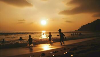 ai genererad barn spelar glatt på de strand på solnedgång. generativ ai foto