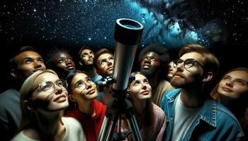 ai genererad grupp av vänner ser på de natt himmel använder sig av en teleskop. generativ ai foto
