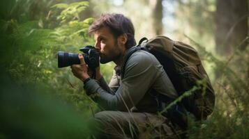ai genererad en backpacker fångande naturens skönhet med hans kamera i de skogen. generativ ai foto