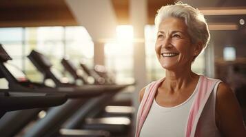 ai genererad ett äldre kvinna på de Gym vem strålar lycka och bestämning. generativ ai foto