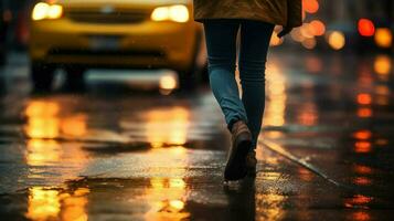 ai genererad människor gående på våt gata på natt när gata lampor belysa de natt. generativ ai foto