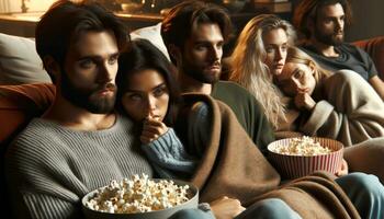 ai genererad en grupp av vänner sitta på de soffa och njut av tittar på en film medan äter popcorn tillsammans. generativ ai foto