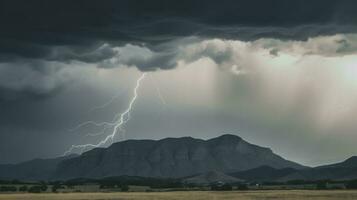 ai genererad blixt- tänds majestätisk berg toppar under en storm. generativ ai foto