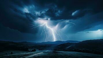 ai genererad en dramatisk blixt- storm tänds de natt himmel över de majestätisk berg. generativ ai foto