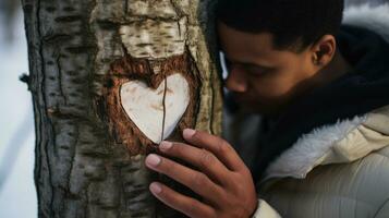 ai genererad en hjärta ristade in i en träd, symboliserar kärlek och förväntan, och en man väntar längtansfullt Nästa till Det. generativ ai foto
