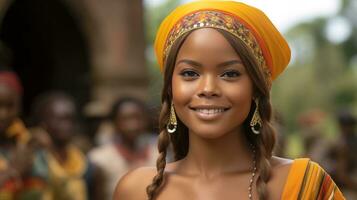 ai genererad afrikansk kvinna med en vibrerande huvud slå in, strålande skönhet och kulturell stolthet. generativ ai foto
