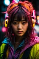 ai genererad ung kvinna med färgrik hår i neon lampor foto