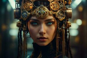 ai genererad kvinna cyborg med mekanismer och trådar i huvud, digital teknologisk som en bakgrund foto