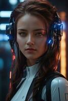 ai genererad kvinna cyborg med mekanismer och trådar i huvud, digital teknologisk som en bakgrund foto