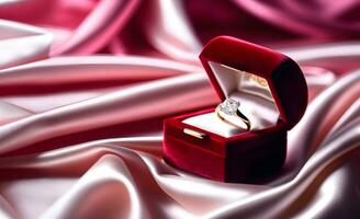 ai genererad röd sammet låda med diamant ringa placerad på silke foto