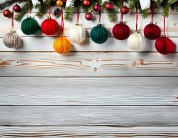ai genererad vinter- bakgrund tillverkad av ljus trä- plankor, några jul träd och grannlåt, glas och stickat foto