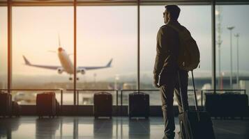 ai genererad resande man stående i stående på de flygplats fönster på flygplats terminal ai generativ foto