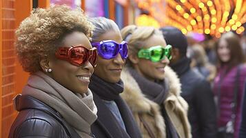 ai genererad tre kvinnor bär vibrerande glasögon på en tunnelbana, visa upp deras unik stil och tillsats en pop- av Färg till deras miljö. generativ ai foto