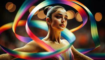 ai genererad de kvinna dansare skapar en magnifik bild med färgrik band i henne händer. generativ ai foto