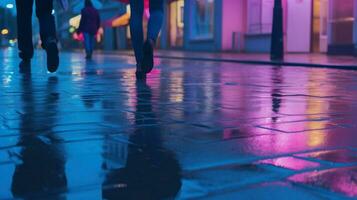 ai genererad människor gående på våt gata på natt när gata lampor belysa de natt. generativ ai foto