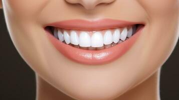 ai genererad en kvinna med en ljus leende visa upp vit tänder och rosa mun. generativ ai foto