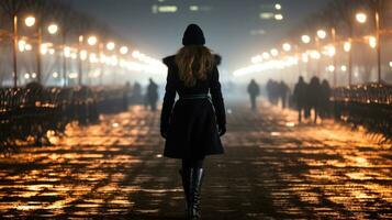 ai genererad en kvinna självsäkert gående ensam på en vagt belyst gata på natt. generativ ai foto
