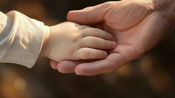 ai genererad en bebis mycket liten hand är försiktigt hölls förbi de tröstande grepp av ett vuxnas hand, symboliserar kärlek och skydd. generativ ai foto