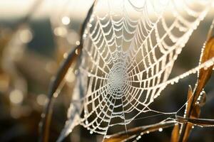 ai genererad släppa morgon- spindelnät bakgrund spindelnät dagg våt natur höst netto makro abstrakt foto