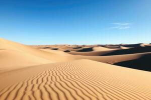 ai genererad landa himmel sahara gul sand äventyr landskap vildmark öken- Sol solig dyn varm foto