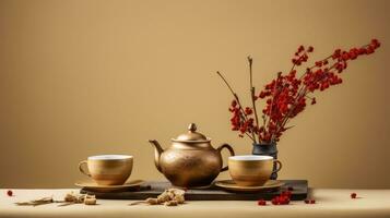 ai genererad orientalisk kultur kinesisk friska vattenkokare te brun asiatisk kopp blad tekanna Asien skål dryck foto