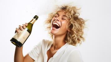 ai genererad Lycklig kvinna fira ny år med en flaska av champagne i hand foto