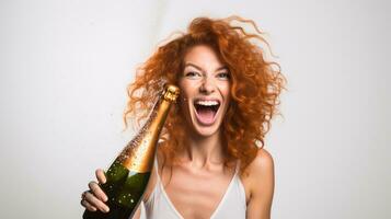 ai genererad Lycklig kvinna fira ny år med en flaska av champagne i hand foto