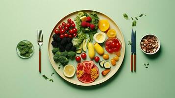 ai genererad friska mat på en tallrik. diet, bantning, friska liv begrepp foto