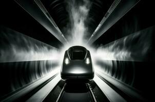 ai genererad modern hög hastighet tåg med lampor i tunnelbana elegant tunnel. generera ai foto