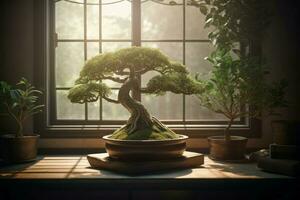 ai genererad zen bonsai inlagd träd på fönster. generera ai foto