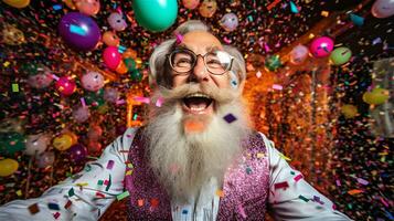 ai genererad gammal man med vit skägg firar en fest med en massa av konfetti foto