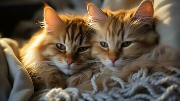 ai genererad två ung söt kattungar gosa tillsammans i en ull filt, generativ ai foto