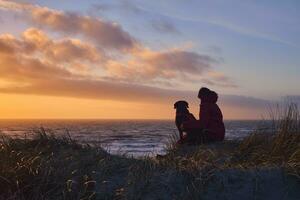 kvinnor med henne hund tittar på de solnedgång på de strand foto