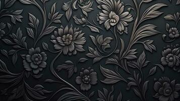 ai genererad svart bakgrund tona med instansad blommig mönster på metall yta. foto