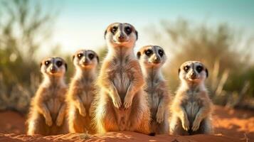 ai genererad nyfiken meerkats stå varna på deras hind ben, flitigt tittar på för några tecken av fara. foto