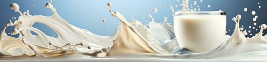 ai genererad dynamisk mjölk stänk i glas, färsk mejeri produkt baner. foto