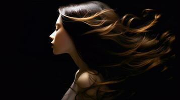 ai genererad eterisk skönhet profil med strålnings strömmande mörk hår foto