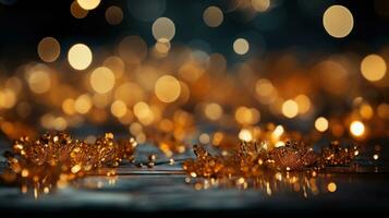 ai genererad gnistrande lyx, guld glitter, bokeh gnistrar, och partiklar foto