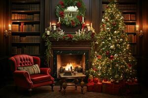 ai genererad årgång jul träd Utsmyckad med antik ornament, glitter, och klassisk sträng lampor, mysigt levande rum miljö med årgång möbel, en öppen spis foto