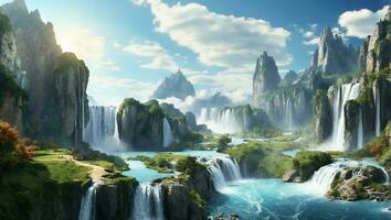 ai genererad panorama- landskap med en skön vattenfall i en naturskön natur miljö foto