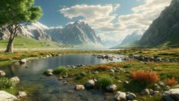 ai genererad panorama- se av en skön naturlig landskap med träd, vatten, och en molnig himmel foto