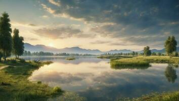 ai genererad fredlig gryning landskap med reflexion på sjö, träd, och himmel foto