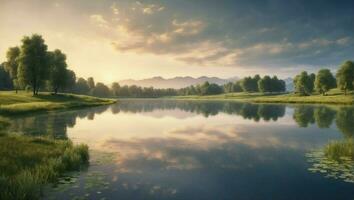 ai genererad fredlig gryning landskap med reflexion på sjö, träd, och himmel foto