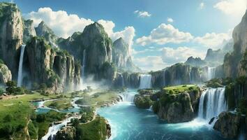 ai genererad panorama- landskap med en skön vattenfall i en naturskön natur miljö foto