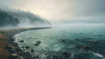 ai genererad dimmig morgon- landskap med fredlig hav och molnig himmel foto
