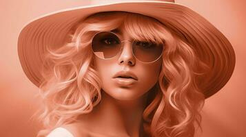 ai genererad kvinna bär en sugrör hatt och solglasögon, Färg av de år 2024. ai genererad. foto
